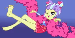 Size: 1024x528 | Tagged: suggestive, artist:grapefruitface1, derpibooru import, supernova zap, equestria girls, barefoot, base used, bedroom eyes, clothes, feet, fetish, foot fetish, gradient background, legs, looking at you, one eye closed, solo, su-z, wink