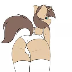 Size: 1850x1850 | Tagged: artist needed, suggestive, derpibooru import, oc, oc:plomotte paw, anthro, unicorn, clothes, female, looking back, panties, sexy, socks, solo, thigh highs, underwear