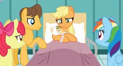 Size: 1280x689 | Tagged: safe, artist:peach1985, derpibooru import, apple bloom, applejack, caramel, rainbow dash, oc, pony, baby, baby pony, base used, bed, carajack, female, hospital bed, male, offspring, older, older apple bloom, parent:applejack, parent:caramel, parents:carajack, shipping, straight