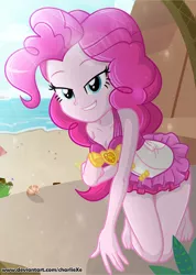 Size: 600x842 | Tagged: suggestive, artist:charliexe, derpibooru import, pinkie pie, equestria girls, barefoot, beach, bedroom eyes, breasts, cleavage, clothes, feet, female, frilled swimsuit, lip bite, looking at you, ocean, off shoulder, pink swimsuit, show accurate, solo, story included, swimsuit, undressing