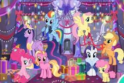 Size: 1541x1027 | Tagged: safe, derpibooru import, applejack, fluttershy, li'l cheese, luster dawn, pinkie pie, princess twilight 2.0, rainbow dash, rarity, twilight sparkle, twilight sparkle (alicorn), alicorn, earth pony, pegasus, pony, the last problem, castle, christmas, colt, decoration, female, flying, foal, game, gameloft, holiday, horn, looking at you, male, mare, older, older applejack, older fluttershy, older pinkie pie, older rainbow dash, older rarity, older twilight, present, sitting, standing, wings