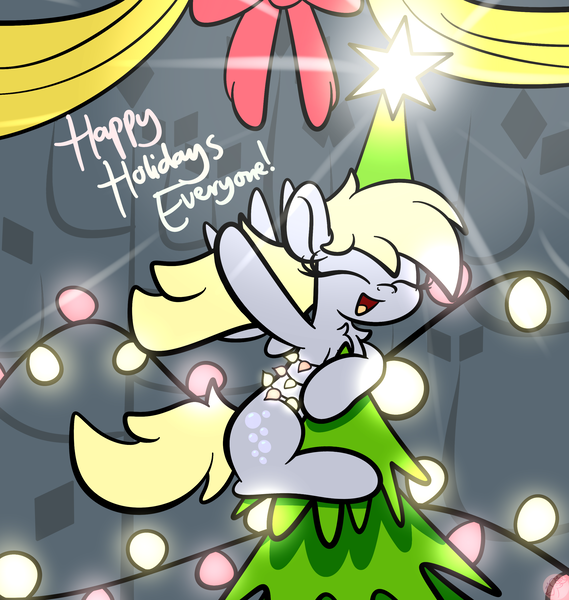 Size: 2560x2700 | Tagged: safe, artist:kimjoman, derpibooru import, derpy hooves, pegasus, pony, bow, christmas, christmas lights, christmas tree, cute, derpy star, female, holiday, mare, solo, spread wings, text, tree, wings