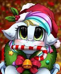 Size: 1446x1764 | Tagged: safe, artist:pridark, derpibooru import, oc, oc:eclaircie, bat pony, pony, bat pony oc, bat wings, bell, blushing, candy, candy cane, christmas, commission, cute, female, food, hat, heterochromia, holiday, mare, mouth hold, ocbetes, pridark's christmas ponies, santa hat, solo, wings, wreath, ych result