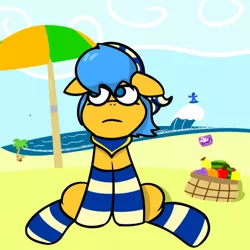 Size: 458x458 | Tagged: apple, artist:bigsneks, bandana, beach, blind, clothes, cloud, derpibooru import, far away, flying, food, fruit, fruit basket, oc, oc:doodlegamertj, oc:faintshadow, oc:mable syrup, oc:ramona, orange, palm tree, pear, safe, sand, sitting, sky, socks, striped socks, sunbathing, surfing, tree, umbrella, unofficial characters only, watermelon, wave