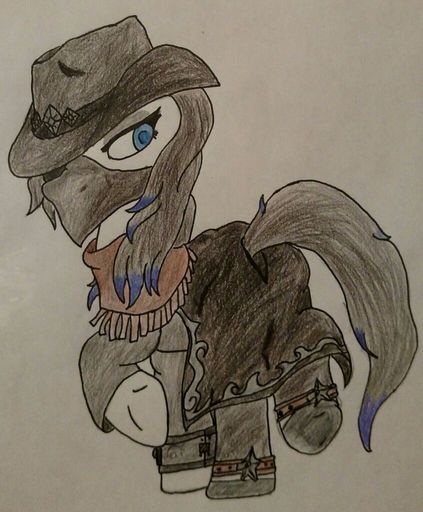 Size: 423x512 | Tagged: safe, anonymous artist, derpibooru import, oc, oc:frontier justice, oc:shadow spade, unicorn, alter ego, bandana, black eyeshadow, blank, blank of rarity, blue eyes, clothes, cowboy hat, cowboy outfit, dead eyes, hat, horn, looking back, mane highlights, mask, messy mane, mutation, shoes, simple background, solo, spurs, traditional art, unicorn oc, vigilante, wet, wet mane