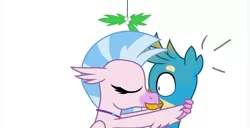 Size: 1024x524 | Tagged: safe, artist:ejlightning007arts, derpibooru import, gallus, silverstream, gryphon, hippogriff, christmas, cropped, cute, diastreamies, dot eyes, female, gallabetes, gallstream, holiday, kissing, male, mistleholly, mouth to mouth, shipping, shocked expression, shrunken pupils, spoilers for another series, straight, surprise kiss, vector