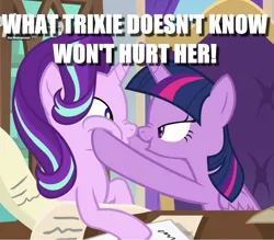 Size: 1227x1073 | Tagged: alicorn, caption, cropped, derpibooru import, edit, edited screencap, image macro, implied infidelity, implied lesbian, implied shipping, implied startrix, implied twistarlight, safe, screencap, scroll, shipping, starlight glimmer, text, the beginning of the end, twilight sparkle, twilight sparkle (alicorn)