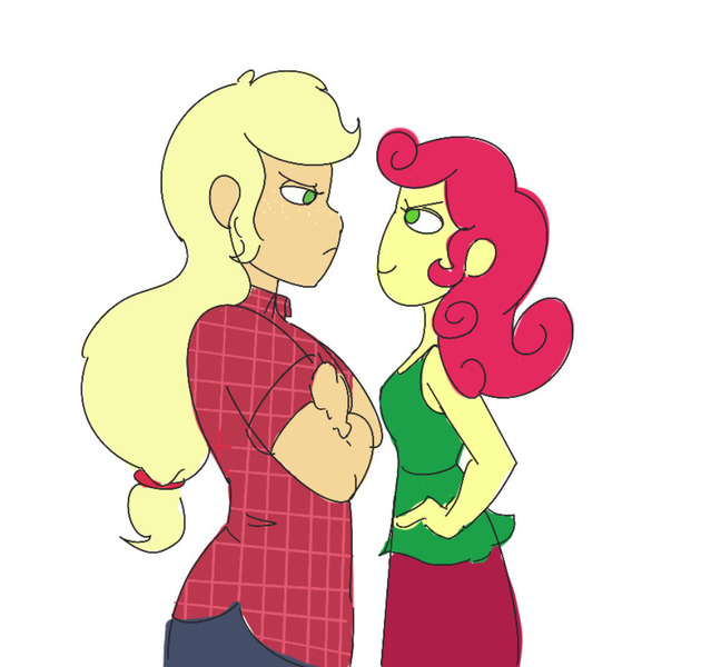 Size: 994x947 | Tagged: safe, artist:ponyretirementhome, derpibooru import, applejack, strawberry sunrise, equestria girls, applejack is not amused, clothes, crossed arms, dress, equestria girls-ified, female, flannel, hand on hip, height difference, jeans, looking at each other, pants, simple background, skirt, smug, staring contest, strawberry savage, unamused, white background