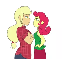 Size: 994x947 | Tagged: safe, artist:ponyretirementhome, derpibooru import, applejack, strawberry sunrise, equestria girls, applejack is not amused, clothes, crossed arms, dress, equestria girls-ified, female, flannel, hand on hip, height difference, jeans, looking at each other, pants, simple background, skirt, smug, staring contest, strawberry savage, unamused, white background
