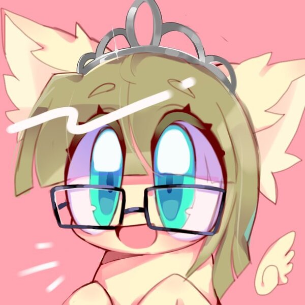 Size: 768x768 | Tagged: safe, artist:lavender_1227, artist:p0myu, derpibooru import, zippoorwhill, pegasus, pony, bust, cute, ear fluff, eyebrows visible through hair, female, filly, floating wings, glasses, no nose, open mouth, pink background, portrait, simple background, solo, wings, zippoorbetes