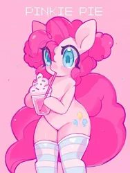 Size: 768x1024 | Tagged: alternate hairstyle, artist:lavender_1227, artist:p0myu, bipedal, clothes, colored pupils, cute, derpibooru import, diapinkes, drink, drinking, food, hips, milkshake, pink background, pinkie pie, safe, simple background, socks, solo, straw, striped socks, whipped cream