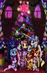 Size: 3150x4800 | Tagged: safe, artist:darksly, derpibooru import, apple bloom, applejack, derpy hooves, fluttershy, pinkie pie, princess celestia, princess luna, rainbow dash, rarity, scootaloo, spike, starlight glimmer, sunset shimmer, sweetie belle, trixie, twilight sparkle, twilight sparkle (alicorn), alicorn, dragon, earth pony, pegasus, pony, unicorn, candy, candy cane, christmas, christmas tree, cute, cutie mark crusaders, female, food, happy, high res, holiday, looking at each other, male, mane seven, mane six, present, sitting, smiling, tree, winged spike