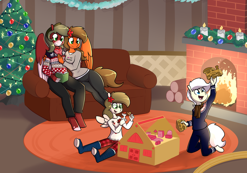 Size: 3450x2409 | Tagged: anthro, artist:whatsapokemon, book, broken leg, brother and sister, candle, child, christmas, christmas tree, couch, derpibooru import, family, female, fire, fireplace, glasses, holiday, husband and wife, incest, male, oc, oc:dulce, oc:naiv nein, oc:pierrot fisher, oc:solar chaser, safe, siblings, solariv, tree, unofficial characters only