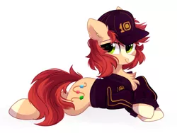Size: 2309x1732 | Tagged: safe, artist:mirtash, derpibooru import, oc, oc:bead trail, unofficial characters only, earth pony, pony, baseball cap, cap, clothes, hat, jacket, simple background, solo, white background