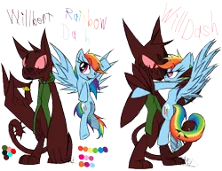 Size: 1150x888 | Tagged: safe, artist:didun850, derpibooru import, rainbow dash, oc, oc:willbert, diamond dog, pegasus, pony, canon x oc, clothes, diamond dog oc, eye clipping through hair, female, flying, male, mare, simple background, text, transparent background, vest