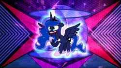 Size: 3840x2160 | Tagged: safe, artist:crystalmagic6, artist:laszlvfx, derpibooru import, edit, princess luna, alicorn, pony, clothes, crown, ear down, female, high res, horn, jewelry, mare, moon, necklace, open mouth, regalia, shoes, solo, wallpaper, wallpaper edit, worried, worry