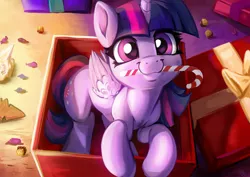 Size: 2200x1555 | Tagged: safe, artist:fidzfox, derpibooru import, twilight sparkle, twilight sparkle (alicorn), alicorn, pony, :3, box, c:, candy, candy cane, christmas, cookie, cute, daaaaaaaaaaaw, featured image, female, fidzfox is trying to murder us, food, happy, holiday, image, jpeg, leaning, looking at you, looking up, mare, mouth hold, nom, pony in a box, present, sitting, smiling, solo, twiabetes, weapons-grade cute, wing fluff