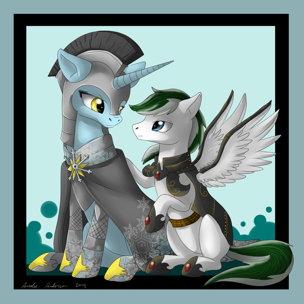 Size: 2000x2000 | Tagged: safe, artist:dreamyartcosplay, derpibooru import, oc, unofficial characters only, pegasus, pony, unicorn, armor, cloak, clothes, duo, guard, helmet, hoof shoes, horn, pegasus oc, sitting, unicorn oc, wings