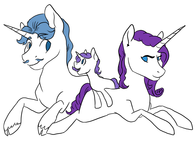 Size: 3300x2378 | Tagged: safe, artist:phobicalbino, derpibooru import, fancypants, rarity, oc, oc:recherché, pony, unicorn, cloven hooves, family, female, filly, foal, male, mare, offspring, parent:fancypants, parent:rarity, parents:raripants, partial color, prone, raripants, shipping, simple background, stallion, straight, trio, white background