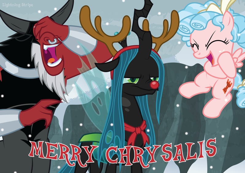 Size: 3508x2480 | Tagged: safe, artist:lightning stripe, derpibooru import, cozy glow, lord tirek, queen chrysalis, centaur, changeling, changeling queen, pegasus, pony, frenemies (episode), antlers, beard, blue mane, christmas, christmas changeling, curly hair, curly mane, cute, cutealis, cutie mark, eyes closed, facial hair, female, filly, foal, freckles, green eyes, grumpy, hand on face, holiday, horns, humiliation, humor, laughing, long hair, male, merry christmas, mount everhoof, pink coat, pun, quadrupedal, queen chrysalis is not amused, red nose, reindeer antlers, ribbon, show accurate, signature, snow, snowfall, text, this will end in death, this will end in pain, this will end in tears, this will end in tears and/or death, trio, unamused, wings