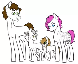 Size: 3300x2707 | Tagged: safe, artist:phobicalbino, derpibooru import, cheese sandwich, pinkie pie, oc, oc:granite harrison rock, oc:panini patricia pie, earth pony, pony, cheesepie, colt, family, female, filly, foal, glasses, half-siblings, male, mare, offspring, parent:cheese sandwich, parent:pinkie pie, parent:pokey pierce, parents:cheesepie, parents:pokeypie, partial color, quartet, scar, shipping, simple background, stallion, straight, white background