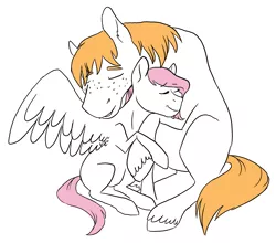 Size: 3233x2842 | Tagged: safe, artist:phobicalbino, derpibooru import, big macintosh, fluttershy, earth pony, pegasus, pony, cuddling, eyes closed, female, fluttermac, male, mare, missing cutie mark, neck nuzzle, nuzzling, partial color, shipping, simple background, size difference, spread wings, stallion, straight, white background, wings