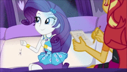 Size: 1280x720 | Tagged: safe, derpibooru import, edit, editor:someguy845, screencap, sound edit, rarity, sunset shimmer, driving miss shimmer, equestria girls, equestria girls series, animated, bracelet, cute, dancing, dancity, driving miss shimmer: rarity, duo, duo female, female, happy, jewelry, limousine, music, notepad, pencil, raribetes, sound, webm