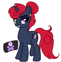 Size: 607x620 | Tagged: safe, anonymous artist, derpibooru import, oc, oc:bone breaker, pony, unicorn, fallout equestria, fallout equestria: kingpin, fallout equestria: lynchpin, bun, cutie mark, ear piercing, ex-raider, grin, heterochromia, horn, jolly roger, messy mane, orange eye, piercing, purple eye, raider, red hair, simple background, smiling, smiling jack pirates, solo, transparent background, unicorn oc