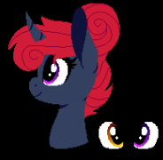 Size: 184x180 | Tagged: safe, anonymous artist, derpibooru import, oc, oc:bone breaker, pony, unicorn, fallout equestria, fallout equestria: kingpin, fallout equestria: lynchpin, bun, ear piercing, ex-raider, heterochromia, horn, messy mane, orange eye, piercing, purple eye, raider, red hair, smiling, smiling jack pirates, solo, unicorn oc