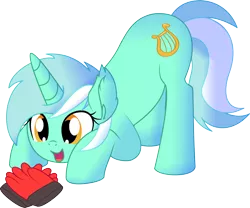 Size: 1024x854 | Tagged: safe, artist:cyanlightning, derpibooru import, lyra heartstrings, pony, unicorn, .svg available, absurd resolution, clothes, cute, ear fluff, female, gloves, hand, lyrabetes, mare, open mouth, simple background, sitting, smiling, solo, that pony sure does love hands, that pony sure does love humans, transparent background, vector