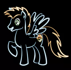 Size: 899x888 | Tagged: safe, artist:neonbronie, derpibooru import, oc, oc:harmony star, unofficial characters only, alicorn, pony, alicorn oc, black background, horn, male, neon, neon sign, raised hoof, simple background, solo, stallion, wings