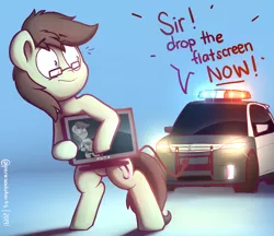 Size: 2028x1750 | Tagged: safe, artist:perezadotarts, derpibooru import, oc, oc:paradox, earth pony, pony, blue background, car, cutie mark, droste effect, flatscreen, glasses, light, male, police, police car, pony (sony), recursion, simple background, solo, stallion, television, text, vehicle