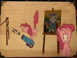 Size: 4032x3024 | Tagged: acrylic painting, artist:short tale, comic, derpibooru import, easel, maud pie, monalisa, painting, party cannon, pinkie pie, pyrography, safe, smiling, splatter, traditional art, woodenbox