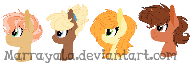 Size: 627x208 | Tagged: safe, artist:marrayala, derpibooru import, oc, unofficial characters only, earth pony, pony, unicorn, base used, bust, offspring, parent:applejack, parent:trenderhoof, parents:trenderjack, siblings, simple background, transparent background, watermark