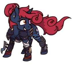 Size: 1436x1300 | Tagged: safe, alternate version, artist:computerstickman, derpibooru import, oc, oc:bone breaker, unicorn, fallout equestria, fallout equestria: kingpin, fallout equestria: lynchpin, armor, bandage, bun, cutie mark, ear piercing, ex-raider, female, grin, heterochromia, horn, jolly roger, mare, messy mane, orange eye, piercing, pirate, purple eye, raider, raider armor, shading, simple background, smiling, smiling jack pirates, solo, stance, transparent background, unicorn oc, weapon