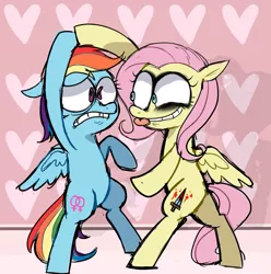 Size: 891x900 | Tagged: semi-grimdark, artist:bat-b0y, derpibooru import, fluttershy, rainbow dash, .mov, shed.mov, dancing, female, flutterdash, fluttershed, heart, lesbian, shipping, tongue out