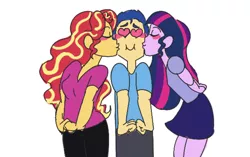 Size: 1231x774 | Tagged: safe, artist:ponyretirementhome, derpibooru import, flash sentry, sunset shimmer, twilight sparkle, equestria girls, bisexual, blushing, female, flashimmer, flashlight, flashlightshimmer, hands behind back, heart eyes, kiss on the cheek, kiss sandwich, kissing, lesbian, male, polyamory, shipping, simple background, straight, white background, wingding eyes