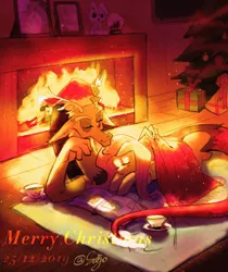 Size: 2480x2950 | Tagged: safe, artist:sadistjolt, derpibooru import, discord, fluttershy, draconequus, pegasus, book, christmas, christmas tree, cup, discoshy, female, fireplace, gift wrapped, hat, holiday, male, one eye closed, present, santa hat, shipping, sleeping, straight, teacup, tree, warm