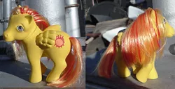 Size: 753x387 | Tagged: safe, artist:lonewolf3878, derpibooru import, oc, oc:sunfire, pegasus, pony, brushable, custom, female, g1, irl, photo, toy