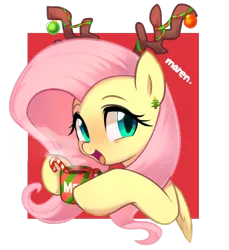 Size: 2565x2801 | Tagged: safe, artist:maren, derpibooru import, fluttershy, pegasus, pony, abstract background, antlers, blushing, bust, christmas, christmas ornament, cute, decoration, ear piercing, female, high res, holiday, hoof hold, mare, mug, open mouth, piercing, shyabetes, simple background, smiling, solo, sugar cane, transparent background