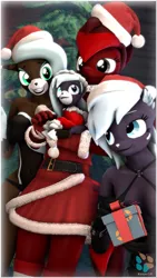 Size: 2160x3840 | Tagged: safe, artist:kasjer19, derpibooru import, oc, oc:bluedeer, oc:bluriah, oc:ryiah, oc:sata, anthro, 3d, christmas, christmas tree, clothes, costume, hat, holiday, present, santa costume, santa hat, source filmmaker, tree