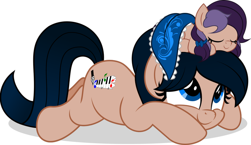 Size: 800x463 | Tagged: safe, artist:jhayarr23, derpibooru import, oc, oc:crescend cinnamon, oc:lavender adagio, unofficial characters only, earth pony, pony, cute, duo, female, filly, mare, mother and child, mother and daughter, pony hat, prone, show accurate, simple background, transparent background
