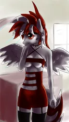 Size: 1924x3365 | Tagged: anthro, artist:fluor1te, belly button, breasts, clothes, derpibooru import, dress, dresser, feather, female, leggings, oc, oc:christal shimmer, pegasus, revealing clothing, simple background, skirt, socks, solo, solo female, stockings, suggestive, thigh highs, underboob, window, wings