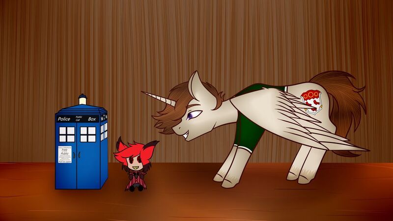 Size: 1280x720 | Tagged: safe, artist:okimichan, derpibooru import, oc, oc:lord boom, alicorn, earth pony, pony, alastor, clothes, doctor who, doll, hazbin hotel, male, shirt, solo, stallion, tardis, toy