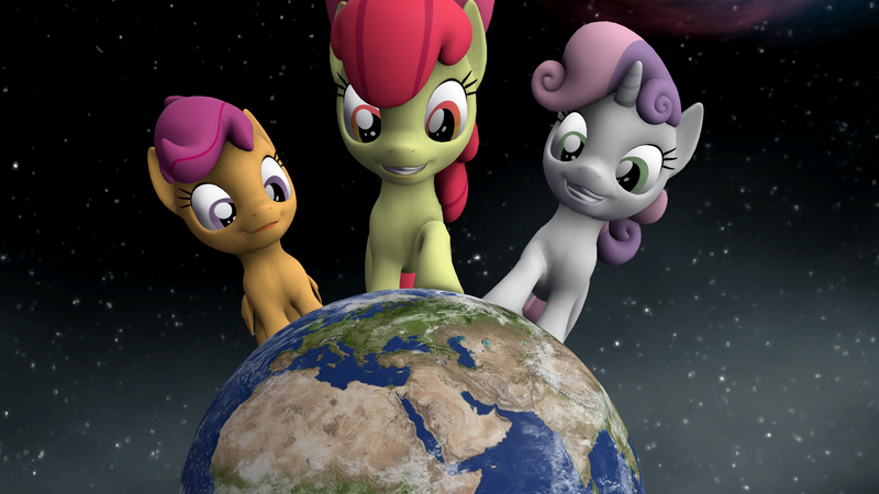 Size: 1920x1080 | Tagged: safe, artist:chapto, derpibooru import, apple bloom, scootaloo, sweetie belle, earth pony, pegasus, pony, unicorn, growing up is hard to do, 3d, cutie mark crusaders, earth, female, filly, macro, pony bigger than a planet, scene interpretation, source filmmaker