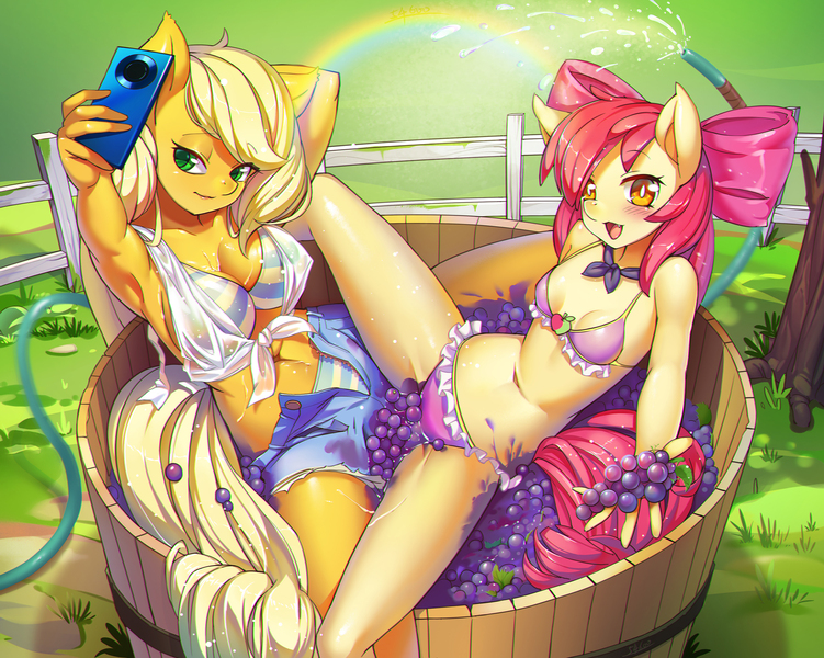Size: 2400x1918 | Tagged: suggestive, artist:54600, derpibooru import, apple bloom, applejack, anthro, earth pony, adorabloom, armpits, belly button, big breasts, bikini, blushing, bow, breasts, busty applejack, chromatic aberration, cleavage, clothes, cute, daisy dukes, duo, duo female, female, frilled swimsuit, front knot midriff, grape juice, grape stomping, hair bow, huawei, juice, looking at you, mare, midriff, mobile phone, older, older apple bloom, open fly, phone, rainbow, selfie, shorts, siblings, sisters, small breasts, stupid sexy apple bloom, stupid sexy applejack, swimsuit, teenager, wet, wet mane