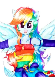 Size: 2313x3194 | Tagged: safe, artist:liaaqila, derpibooru import, rainbow dash, equestria girls, belt, clothes, cute, dashabetes, dress, feather, female, open mouth, ponied up, pony ears, simple background, solo, traditional art, white background, wings
