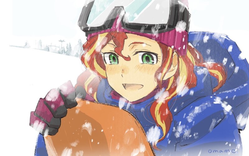 Size: 1316x825 | Tagged: safe, artist:5mmumm5, derpibooru import, sunset shimmer, equestria girls, bust, clothes, cute, female, gloves, goggles, hat, jacket, not fiery shimmer, open mouth, shimmerbetes, snow, snowfall, solo, winter