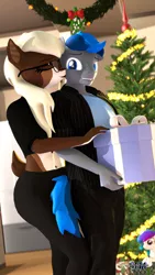 Size: 1080x1920 | Tagged: 3d, anthro, anthro oc, artist:anthroponiessfm, birthday, christmas, clothes, deer, deer oc, deer pony, derpibooru import, explicit source, female, glasses, holiday, kissing, kiss on the cheek, male, mistletoe, oc, oc:aurora starling, oc:azure thunder, oc:starry snow, original species, safe, source filmmaker