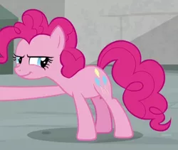 Size: 476x401 | Tagged: safe, derpibooru import, screencap, pinkie pie, earth pony, pony, the last laugh, cropped, female, lidded eyes, mare, raised hoof, solo